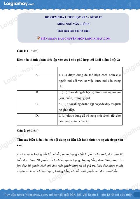 Đề kiểm tra 1 tiết Văn 9 - Đề số 12